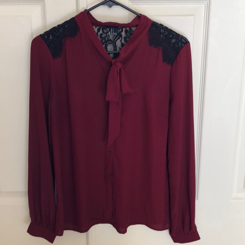 Burgundy Button Down w/ Lace Detail
